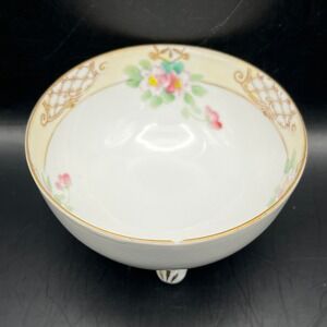 Antique Hand-Painted Nippon Porcelain Footed Bowl Trinket Dish-Floral 3.5" As Is